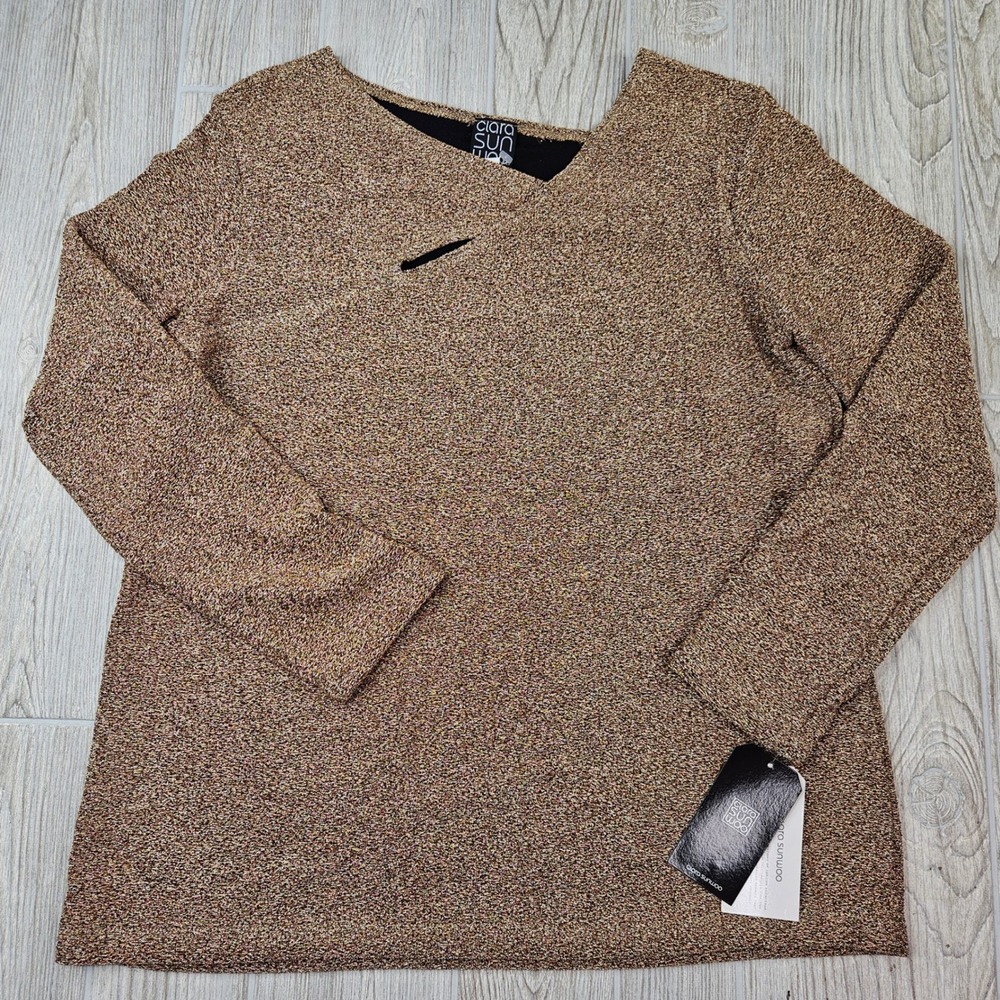 Clara Sunwoo Gold Metallic Asymmetrical Keyhole Sweater T81S Size M NWT